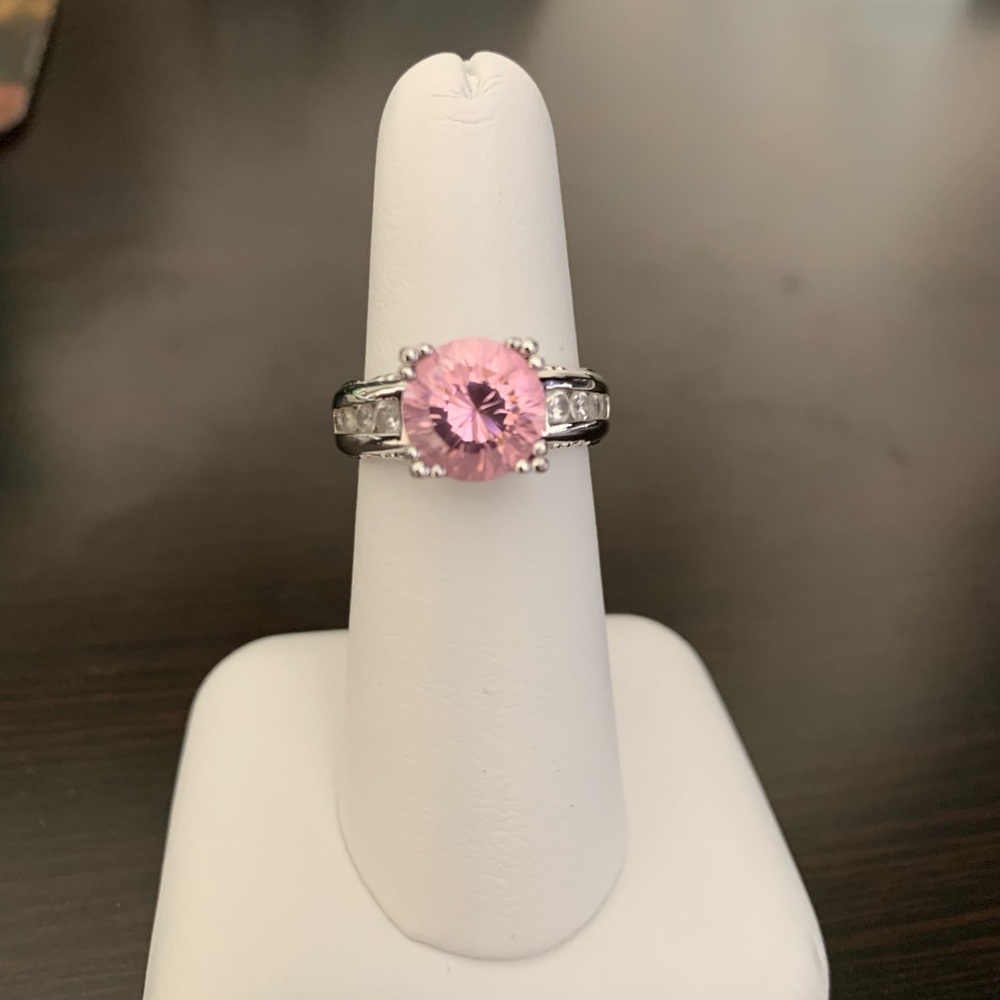 Pink Simulant Ring 5.14CTW Rhodium Plated Size 6